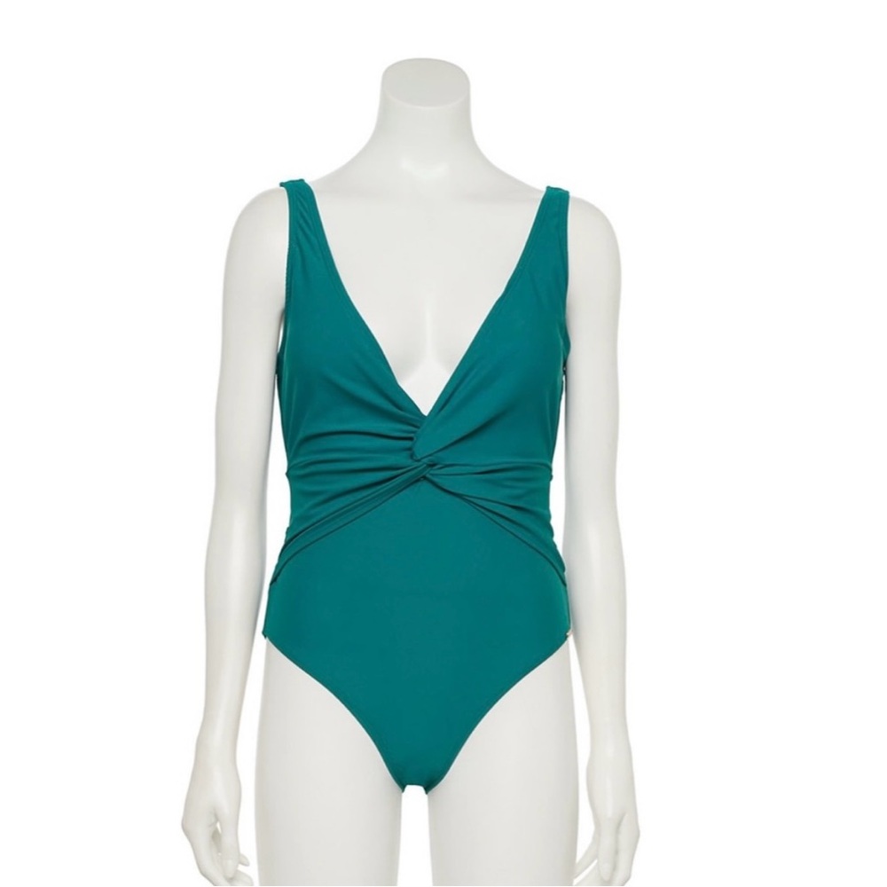 NWT Nicole Miller Twist-Front Plunge One-Piece Swimsuit Green Size L